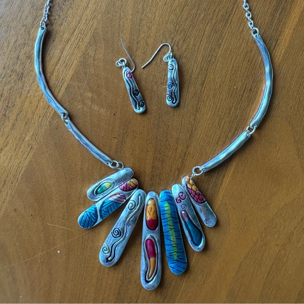 Vintage Colorful Silver-Tone Multi-Pendant Statement Necklace & Earring Set